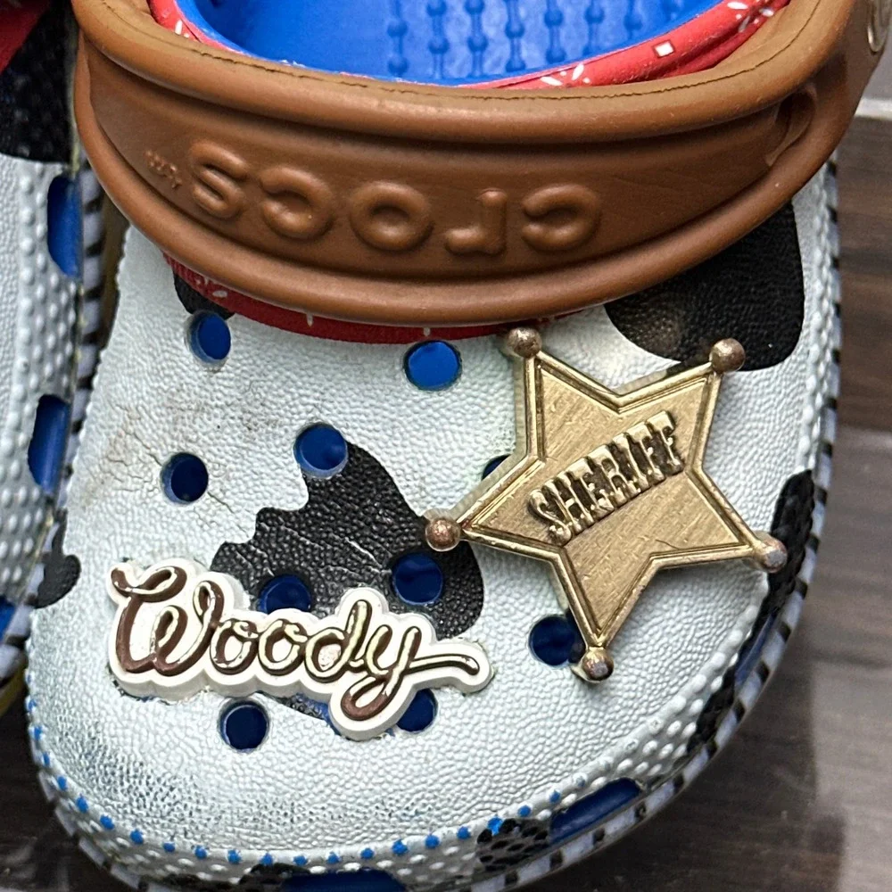 Crocs Toy Story Woody Cowboy Clogs Kids Size C5 Cow Print Jibbitz Blue ANDY